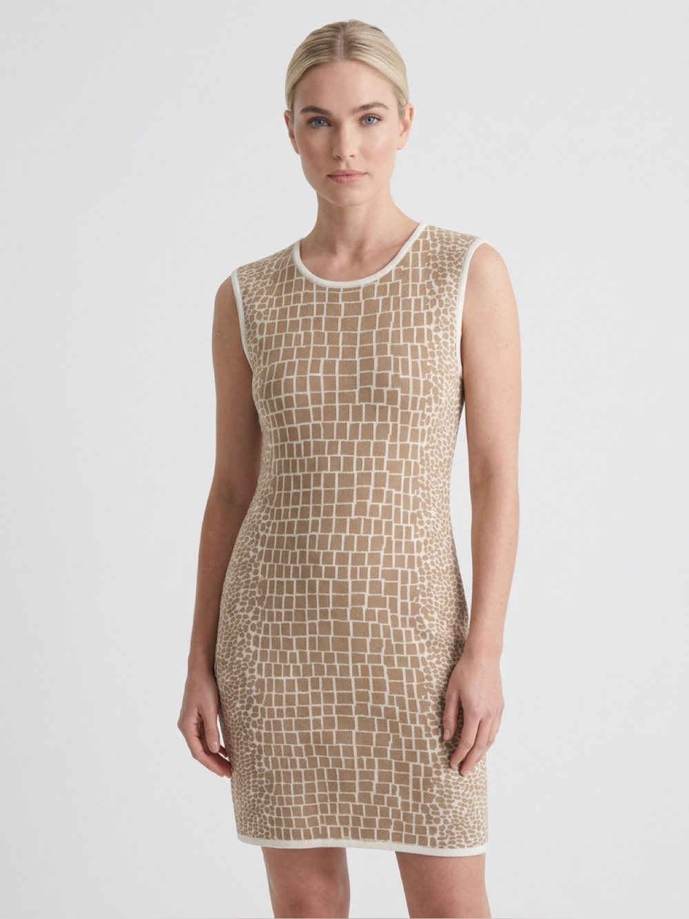 Calvin Klein Tan White Animal Crocodile Print Sleeveless Knit Sheath Dress XL